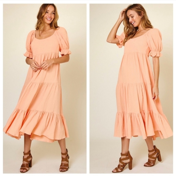 Beautiful Boho Laura Short Sleeve Tiered Midi Prairie Dress Peach Large W-457 - Picture 2 of 13